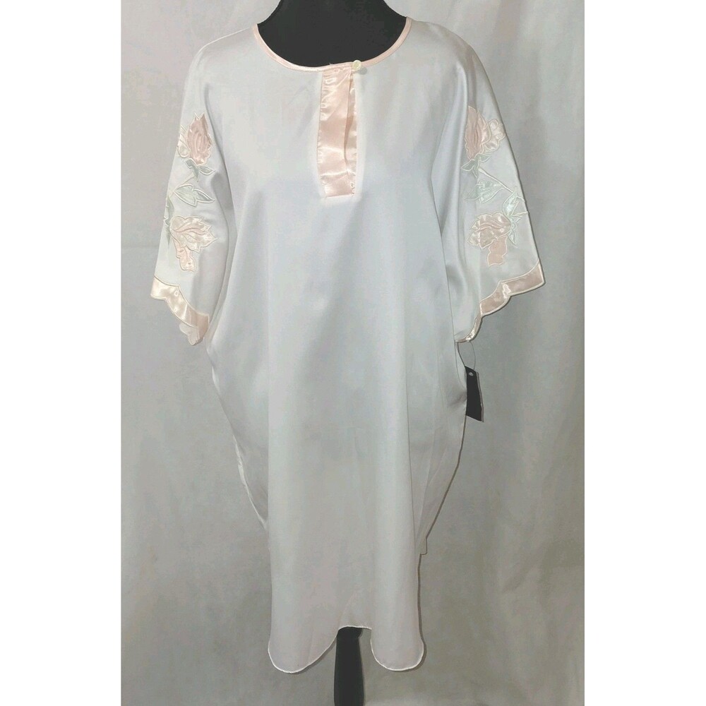 NWT VTG Natori Nightshirt Sleepwear Womens Large White Pink Trim Lace Kaftan